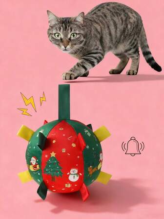 Christmas Cartoon Pattern Dog Toy Ball With Rope Anti-Bite Squeaker Chewing Toys With Built In Bell For Boredom Relief And Self-Entertainment Christmas Gift For Dogs And Cats