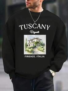 Men's Tuscan Style Italian Country Print Fashion  Round Neck Long Sleeve Sweatshirt, Comfortable Slim Fit Pullover, Essential Autumn Winter Men's Top - 黑色 - 查看 2
