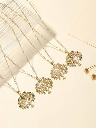 1pc Fashionable European & American Luxury Versatile Hollow Rhinestone Inlaid Tree Of Life Pendant Necklace, Suitable For Women's Daily And Festival Wear, Gift