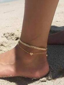 Tkool 2 件套脚链套装，心形吊坠基本款链条脚饰，适合旅行和日常佩戴 - 金黃色 - 查看 1