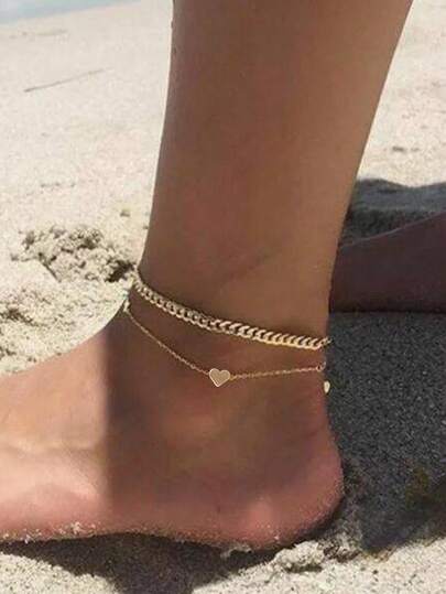 Tkool Bộ 2 chiếc lắc chân, mặt dây chuyền hình trái tim, trang sức chân cơ bản cho du lịch và đeo hàng ngày