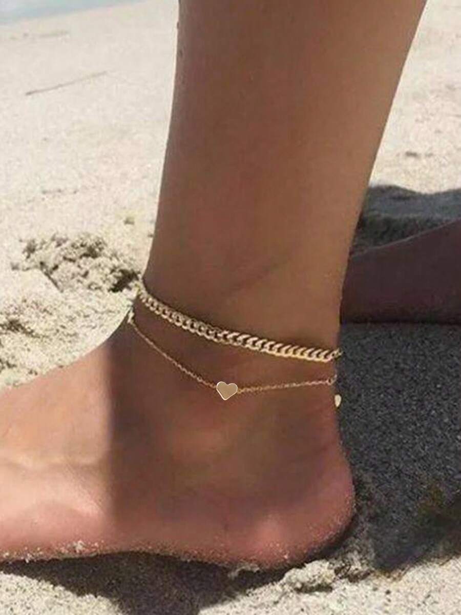 Tkool 2 件套脚链套装，心形吊坠基本款链条脚饰，适合旅行和日常佩戴 - 金黃色 - 查看 1