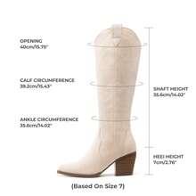 Knee High Boots Women, Pull On Zipper Chunky Heel Pointed Toe Embroidered Western Cowgirl Cowboy Boots Christmas Fall - 米色 - 查看 2