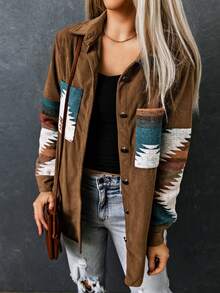 Winter Women's Retro Corduroy Patchwork Contrasting Azkett Geometric Pattern Print Casual Loose Shirt Style Lapel Jacket - Multicolor - View 3