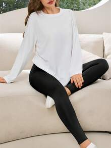 Women's Two Pieces Casual Women's Wear Simple Round Neck Long-Sleeved Top Leggings Suit Suitable For Home And Outing Sports Casual Suit - 黑與白 - 查看 2
