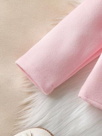 3pcs Girls Casual Cute Warm Set: Minimalist Fashionable Pink Wool Warm Jacket + Plaid Bow Tie Dress + Bow Tie Wool Hat