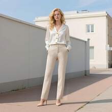 Women's Stretchy Straight Leg Dress Work Pants Business Office Casual Slacks With Pockets, Style - Pale Khaki - View 7