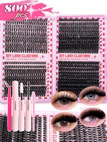Juego de 800 pestañas postizas en racimo, incluye estilos mixtos de 30D/40D/60D/80D y 40D/60D/80D/100D, talla grande 720 pestañas naturales y esponjosas de 40D/80D, ligeras y cómodas, fáciles de aplicar, reutilizables y duraderas. El set incluye 1 pinza, 1 cepillo para pestañas y 1 adhesivo. Ideal para principiantes que quieran hacer extensiones de pestañas en casa u al aire libre, adecuado para maquillaje diario, fiestas, bodas, cosplay o viajes. - Negro - Ver 3