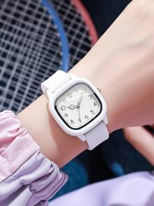 1 件女士硅胶石英表，时尚简约方形表盘，经典腕表（1 件/套），不含表盒 - 白色 - 查看 3