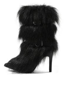 Women's Knee High Boots Point Toe Slip On Boots Sexy Stiletto High Heel Furry Boots Warm Straight Long Boots Belt Straps Decorative Fashion Boots Party Dressy Walking Women's Boots - 黑色 - 查看 2