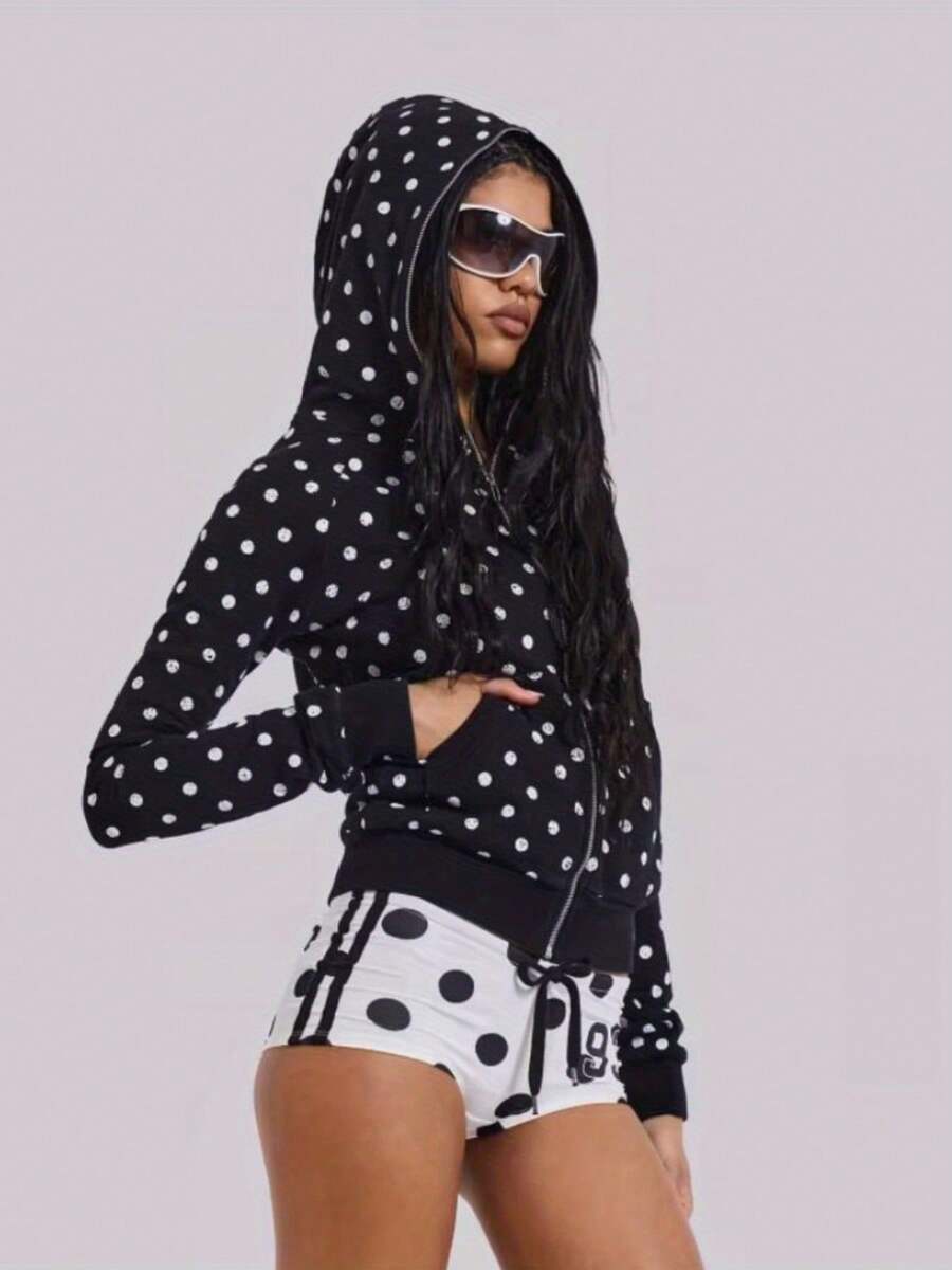 Women Hoodie, Long Sleeve Dots Print Sweatshirt Cool Street Casual Jacket Outwear - 黑色 - 查看 1