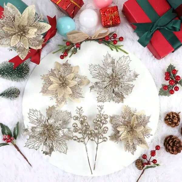 18 piezas Flores de Navidad artificiales multicolor y tallos de bayas con brillo - Decoración elegante navideña, apta para Navidad, hogar, bodas y adornos de árbol, plástico, recipiente no incluido, decoraciones navideñas