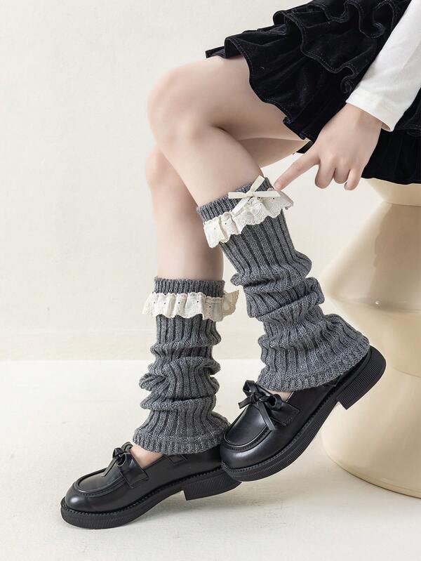 زوج من دافئات الساق للبنات/الأطفال، رمادي داكن متعدد الاستخدامات، مزين بالدانتيل والفيونكة، طراز جميل وأنيق، مناسب للارتداء اليومي والحفلات وتصوير الأزياء