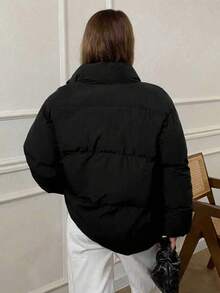 1 件青少年女孩简约舒适休闲户外立领羊毛加厚保暖夹克，秋冬 - 黑色 - 查看 4