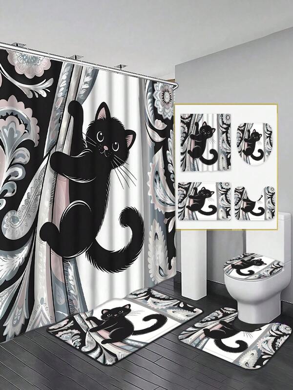 1 Stück/4 Stück Heimdekoration wasserdichter Duschvorhang-Sets mit 12 Haken,ToiletteC-Sitzabdeckung, rutschfeste Badezimmermatte, Teppich aus Polyesterstoff, waschbarer Vorhang für Fenster, Badezimmer-Accessoires, Weihnachtsdekoration