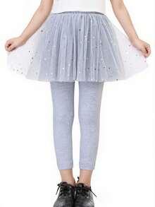 Spring & Autumn Girls Lace Tulle Skirt Leggings, Korean Sequin Star Pattern Leggings Skirt - Grey - View 4