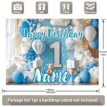 Customisable Name Blue Hot Air Balloon Bear Happy Birthday Backdrop Blue And White Balloon Gift Box Decorations Personalised Theme Party Backdrop Decorations Photography Props Vinyl