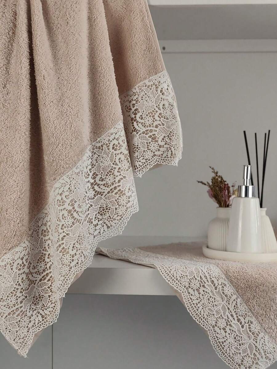 Lace Bath Towel Set - 100% Cotton - 2 Pieces Bath Set - Water Absorbent, Soft, Special Design Towel