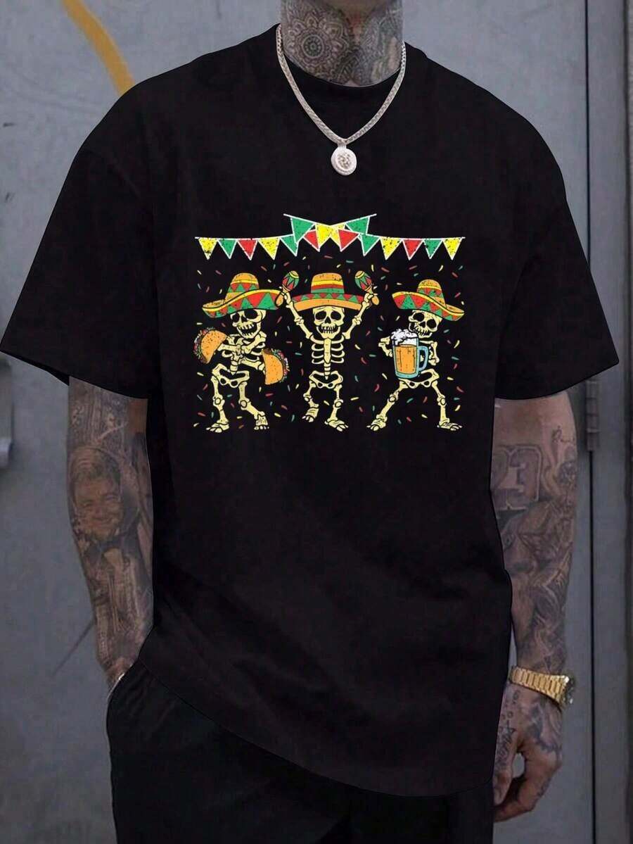 Men's T-Shirt With Day Of The Dead Skull Print - Black - View 1