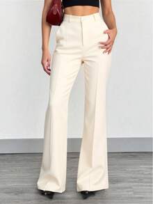 Women's Tailored Flare Pants With Fake Pockets At The Back - Cream - View 4