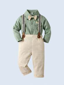 BOARNSEORL 2pcs Baby Boys Gentleman Outfit Set, Collared Shirt With Bowknot And Overalls Pants, Fashionable & Dapper For Birthday Party, Wedding, Banquet - Khaki - View 2