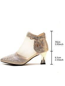 女士水钻装饰高跟鞋，透气网眼短靴，时尚春秋短靴，高跟靴，派对婚礼尖头高跟鞋