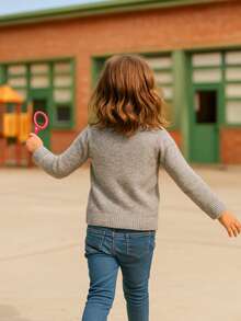 Suéter para niña de manga larga calientito, tejido suave y cómodo, con adorable diseño de perrito, brillantes decorativos y detalles coloridos. Ideal para días fríos, fácil de combinar con jeans o faldas y perfecto para lucir con estilo y alegría en cualquier ocasión. - Gris - Ver 2