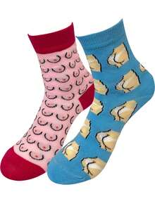 2 Pairs Blue Funny Socks, Cartoon Breathable Mid-Calf Socks, Unique Design For Women, Autumn/Winter