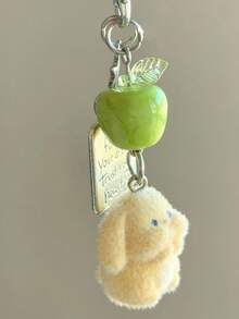 1 pieza Llavero de conejo de orejas caídas con estampado de dibujos animados y colgante de manzana verde y estrella, accesorio de encanto de conejo lindo para auriculares/bolso, regalo de Navidad - Multicolor - Ver 2