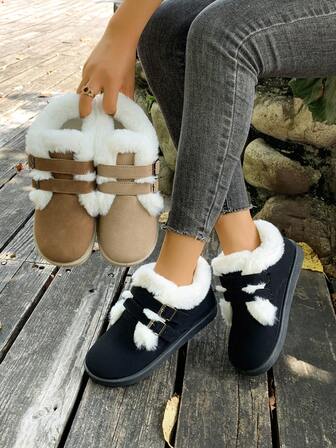 女士纯色时尚扣环平底鞋，户外冬季