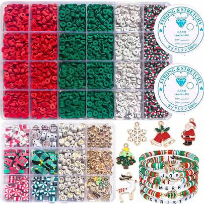 1 Set Christmas Style Clay Bead Bracelet Making Kit, Including Christmas Tree, Reindeer, Santa Claus Pendants & Polymer Christmas Decor Accessories For Jewelry Making, Fun DIY Pendant, Bracelet, Bangle, Charming Holiday Gift For Friends