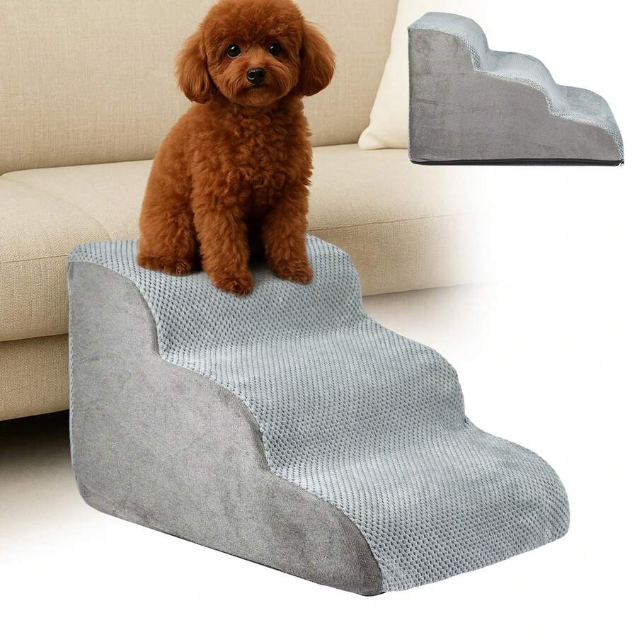 Portable Dog Steps For Bed – Compact 3-Step Foam Stairs (56 X 40 X 35 Cm) – Easy Climbing Aid For Small Dogs, Senior Pets & Injured Animals – Features Detachable Cover & Grippy Base - Grey - View 1