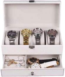 Estuche organizador de relojes, caja de reloj de doble capa cuero con 4 ranuras con ventana de vidrio real, vitrina de almacenamiento de joyas para mujeres, hombres, padre, esposo, novio - 4 casillas blancas - 2 capas - Ver 4