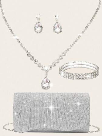 LETODE 4 件套女士水钻晚装手拿包水钻耳夹新娘婚礼颈链手链吊坠闪亮钱包手拿包信封晚装包女士舞会闪亮手提包带可拆卸链条适合婚礼和派对女士单肩包女士手拿包闪亮银色派对手提包婚礼包