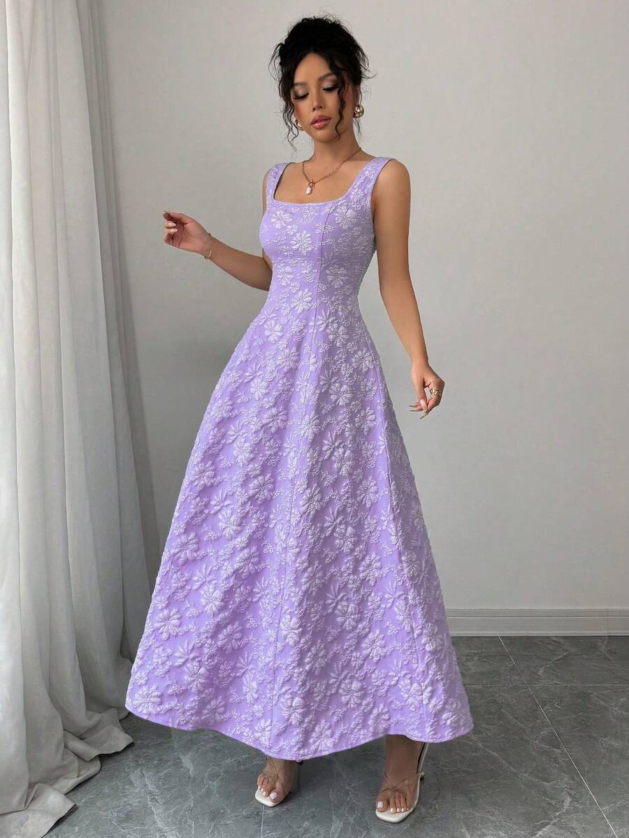 Elegant And Exquisite Jacquard Dress With Wide Straps, Floral Texture, Mid-Length, Slim-Fit, Casual Style For Vacation - Xem 1