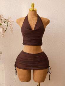 Bộ bikini gợi cảm mới dành cho nữ: Áo hai dây hở lưng, áo buộc dây bên hông, chân váy ngắn buộc dây bên hông, đồ bơi mùa hè. - màu nâu - Xem 6