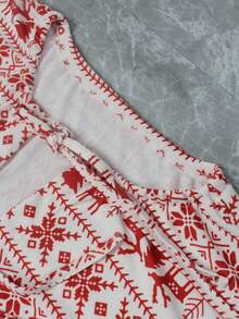 2 piezas Conjunto de pijama de mujer casual con gráfico de Feliz Navidad y Año Nuevo, de punto con cordón, de manga larga y pantalones, adecuado para uso en casa, otoño/todo el año, ropa de invierno - Rojo - Ver 7