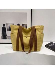 1pc/2pcs Large Capacity Canvas Tote Bag, Multi Pockets Shoulder Bag, Reusable Shopping Bag, Easy To Carry With Comfort Handle, For Daily Use And Gifts Portable Handbag For School Work Travel Shopping