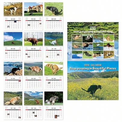 2026 Dogs Pooping In Beautiful Places Calendar /12 Months Cute Dog Theme Calendar | January 2025 - January 2026 High-Quality Thick Paper, Suitable For Home And Office Use