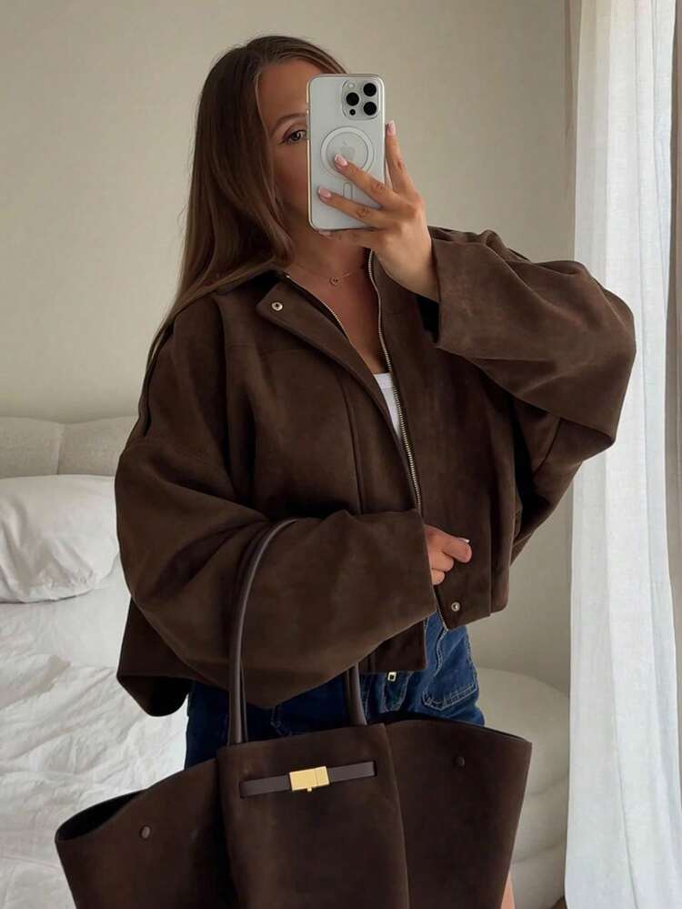 Veste bomber élégante et élégante pour femmes à col cranté et boucle frontale, pour un port quotidien toutes saisons