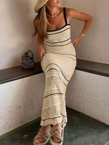 女士优雅简约黑米条纹无袖修身针织连衣裙，休闲镂空紧身钩针连衣裙，春夏秋季