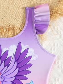 少女渐变荷叶袖可爱连体泳衣 - 淡紫色 - 查看 3