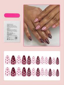 24片中号杏仁形美甲贴纸，红粉波点设计，复古风格，亮面全覆盖，适合女性和女孩日常佩戴，美甲用品 - 彩色 - 查看 2