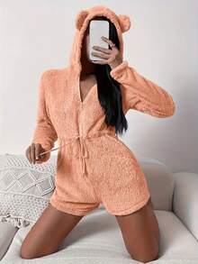 1pc Women's Comfortable Teddy Fleece Full Zip Hooded Jumpsuit With Bear Ears And Fuzzy Collar - Soft Plush With Zipper Closure, Drawstring Waist And Long Sleeves, Suitable For Winter Warmth - Orange - View 2
