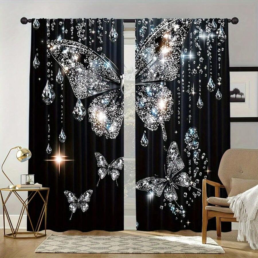 2D Flat, 2-Piece Festive Christmas Decor Window Curtains, Digital Print With Black Glitter Butterflies Pattern, Christmas Window Curtain Gift For Bedroom, Living Room, Office, Night Curtain Suitable For General Festivities And Winter Holiday Parties, Perfect For Living Room, Kitchen, Bedroom, And Holiday Winter Decor, Outdoor Christmas Decorations, Rod Pocket Design, Fade-Resistant, Xmas Artistic Style - 彩色 - 查看 1