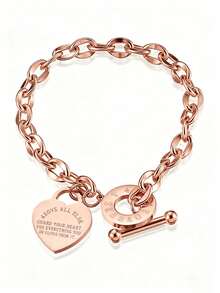 1pc Women's Stainless Steel Classic Heart Engraved OT Clasp Lip Chain Titanium Rose Gold Bracelet, Suitable For Daily And Holiday Wear, Gift - Rose Gold - View 3