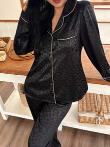 黑色豹纹提花女士长袖上衣和裤子睡衣套装，秋冬服装