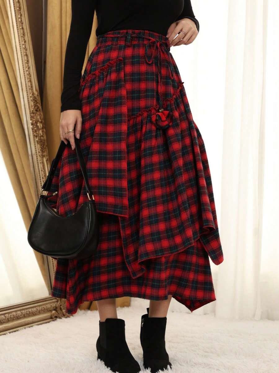Scottish Style Women's Tartan Skirt - Elegant High Waist With Celtic FringeFlowyAsymmetrical Hem | Non-Stretch Fabric | All-Season Wear - Đỏ - Xem 1