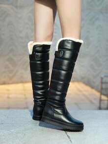 Women's Waterproof Over-The-Knee Snow Boots, Comfortable Platform Flat Shaft Thick Fur Lined Warm Plus Size Boots, Winter - Black - View 9