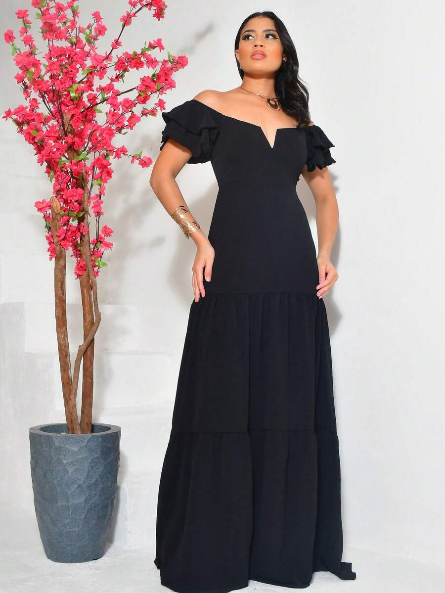 Long Off-The-Shoulder Dress With Ruffles, V-Neckline, Elegant, Charming Sleeves - negro - Ver 1